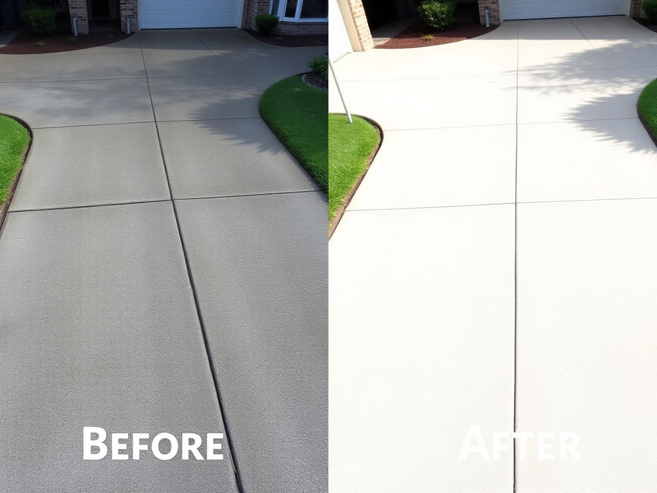 Before and after comparison of a dirty and freshly cleaned concrete driveway