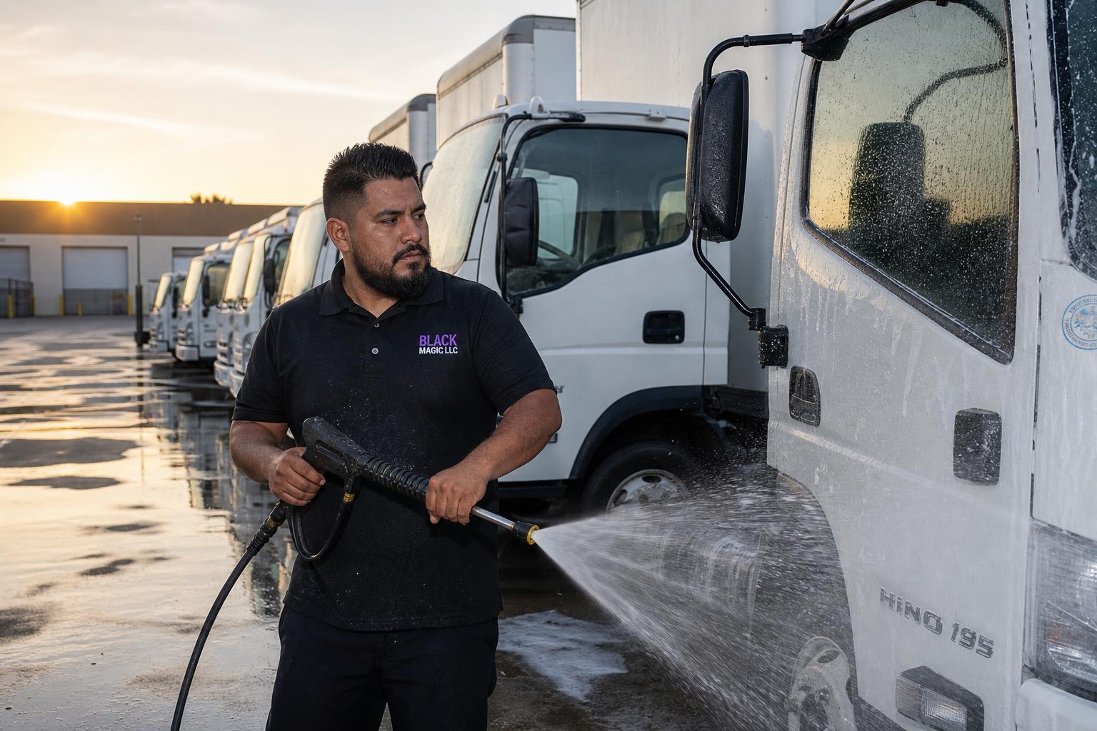 Fleet of commercial trucks being washed on site