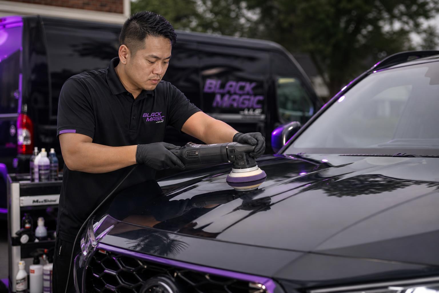 Mobile detailing of a black SUV in a driveway