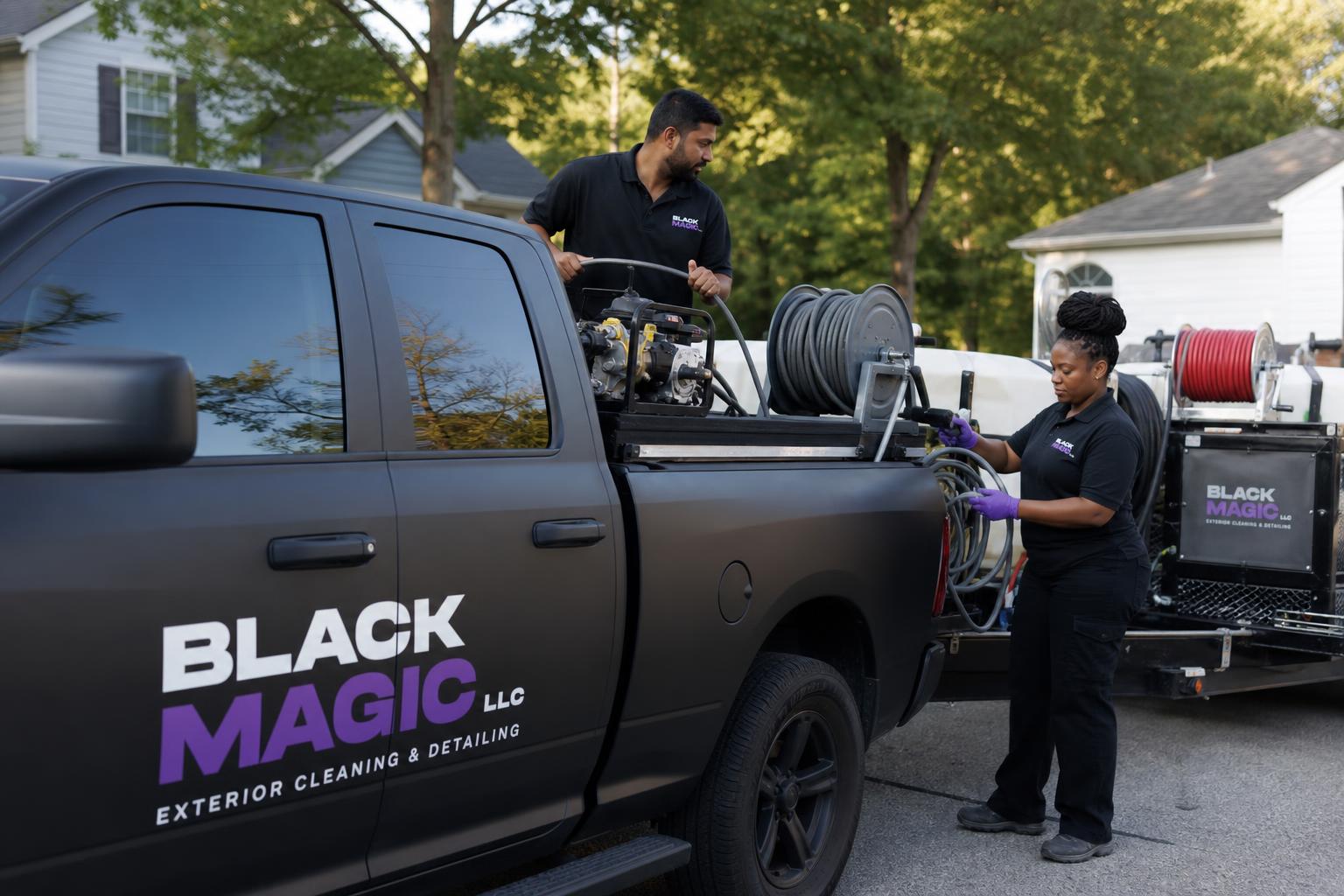 Mobile power washing service truck loaded with equipment in a neighborhood